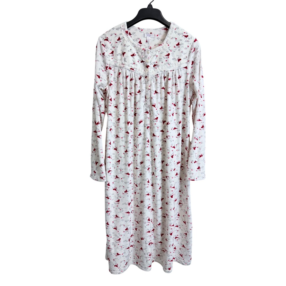 Secret Treasures Womens Red Cardinal Bird Fleece Nightgown Lace Trim Medium